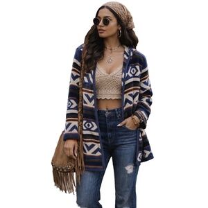 Aztec Tribal Large Open Cardigan Hooded Blue Cozy Boho Southwestern Knit Sweater
